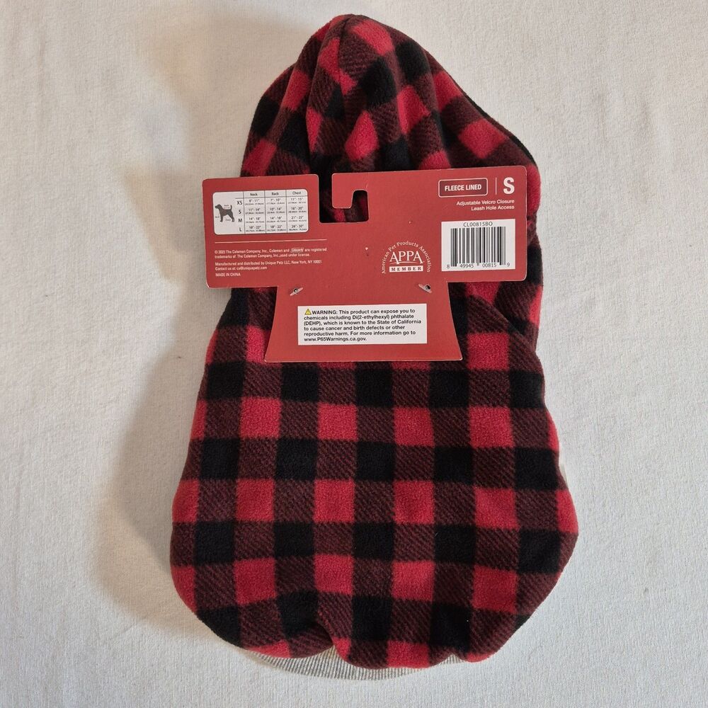 Coleman Pet Plush Jacket Size S Fleece Lined Red Buffalo Check